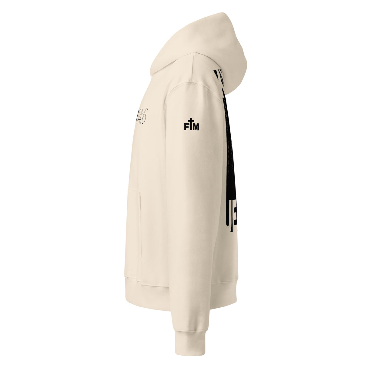 Beige hoodie with black Faith Mode logo printed on the upper sleeve.