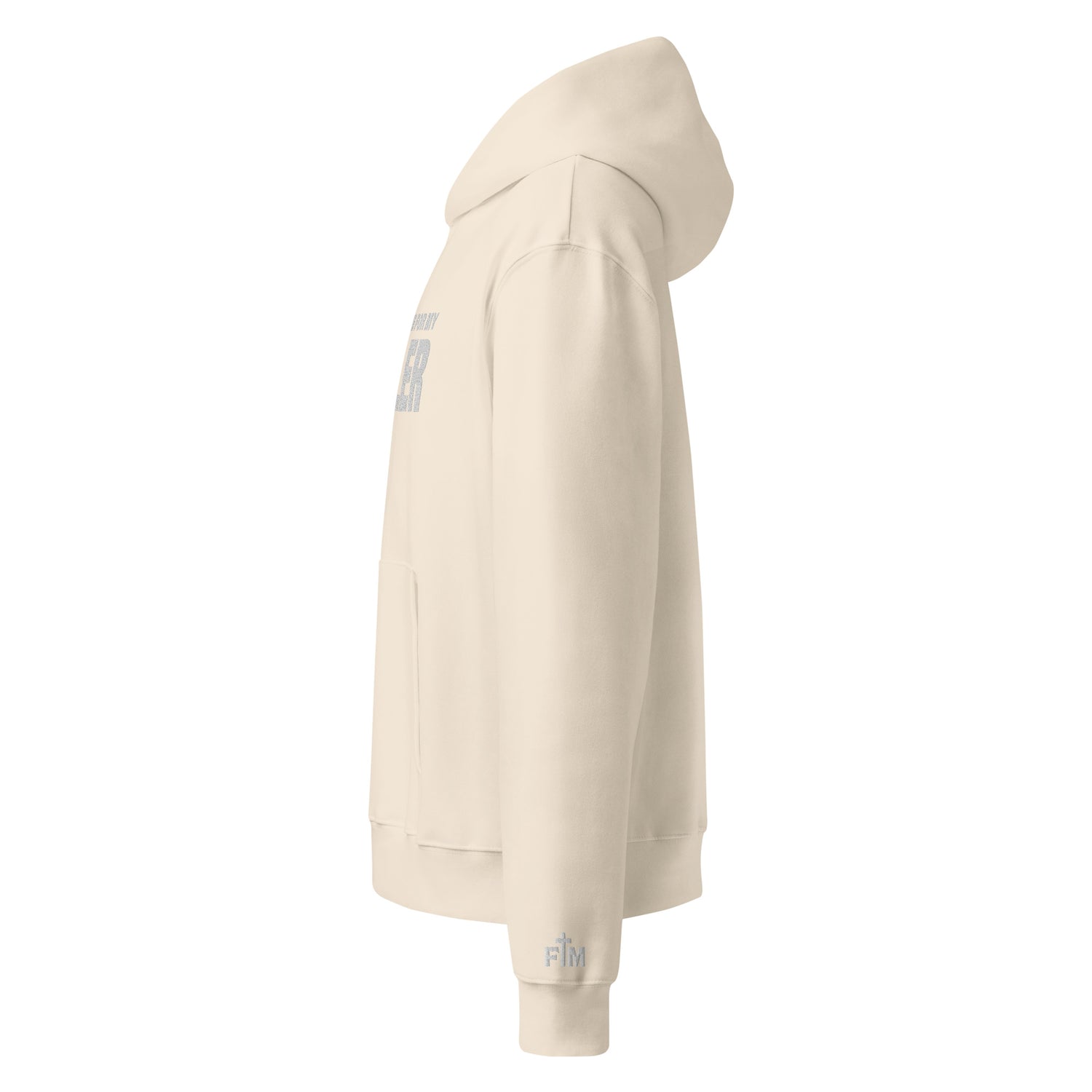 Beige hoodie with brand logo on a white background