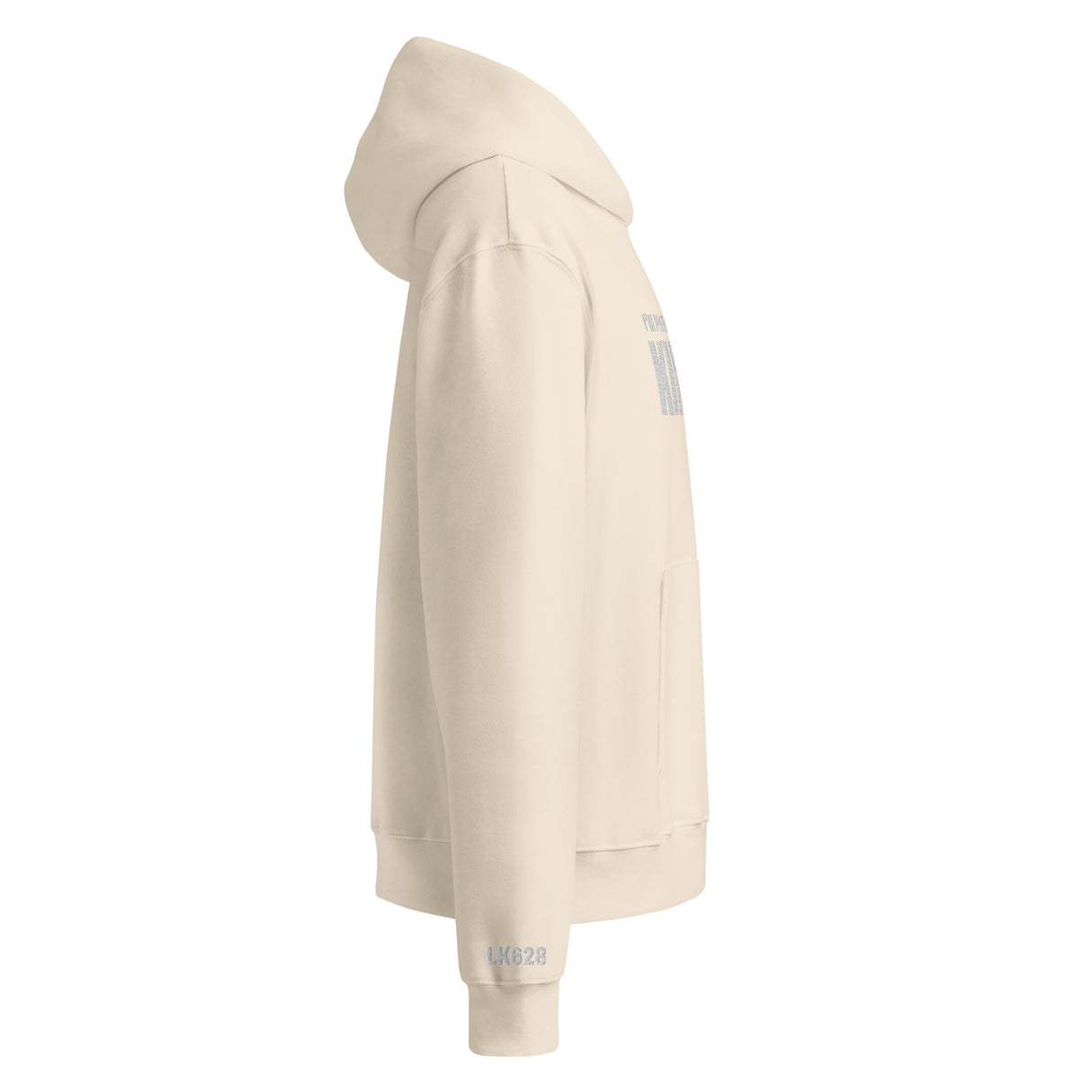 Beige hoodie with a brand logo on the chest against a white background
