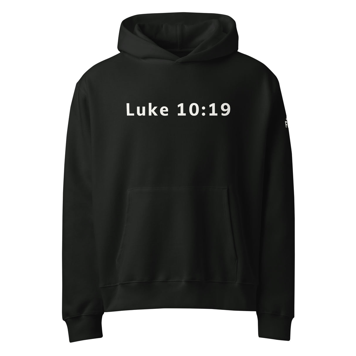 Black hoodie with 'Luke 10:19' printed in white ink.