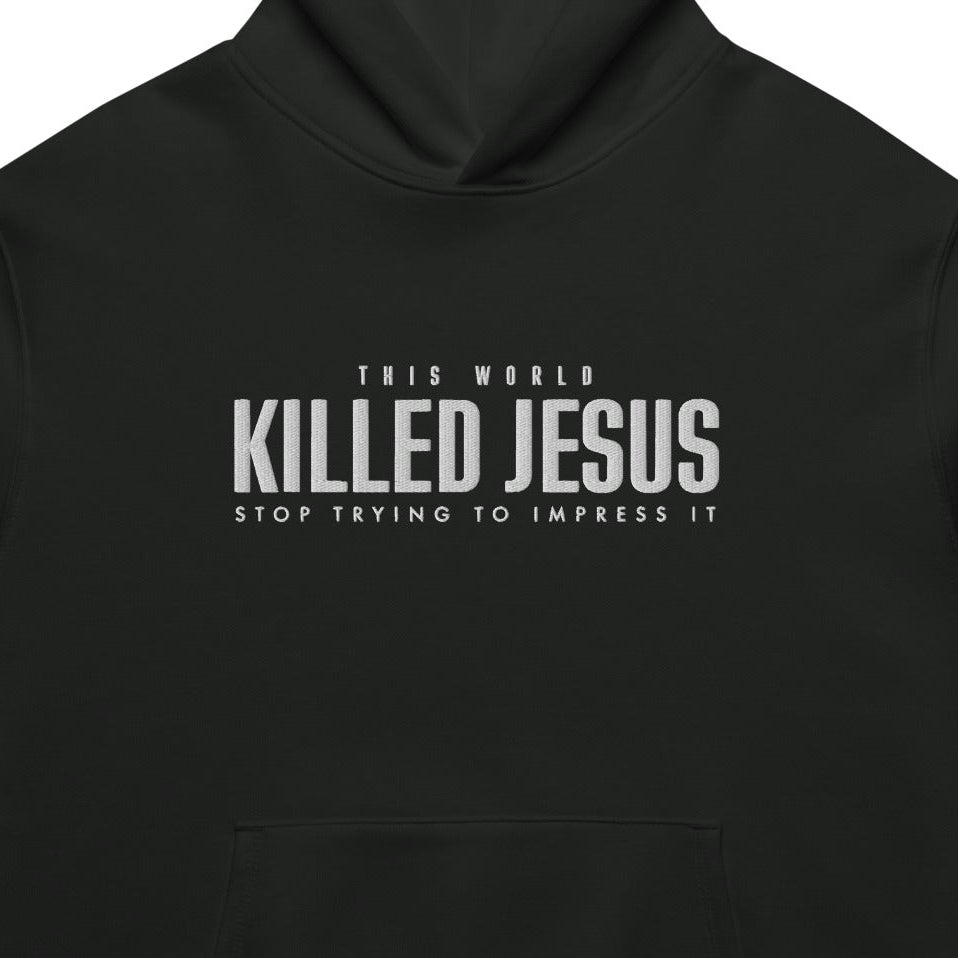 Black hoodie with white text on a white background