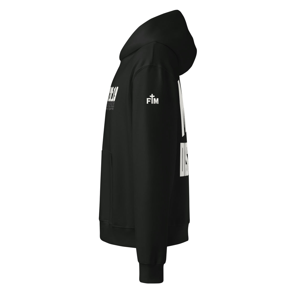 Make Disciples Matthew 28:19 Oversized Heavyweight Black Hoodie Side View with Logo Visible