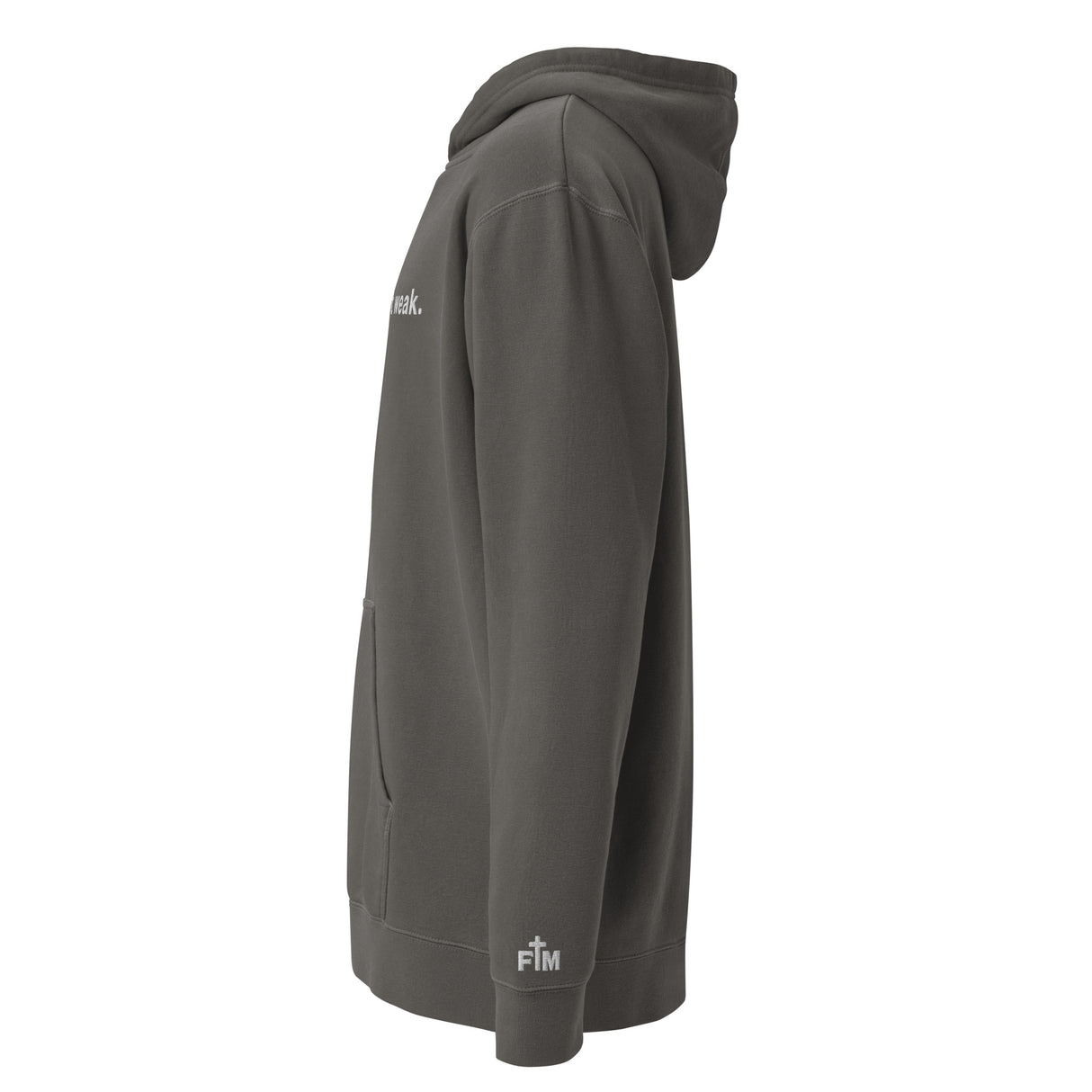 Vintage Black Washed Not Weak Pigment-Dyed Embroidered Hoodie - Alt Image - Side View with Sleeve Logo