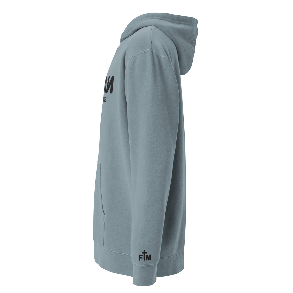 Slate hoodie with branding on a white background