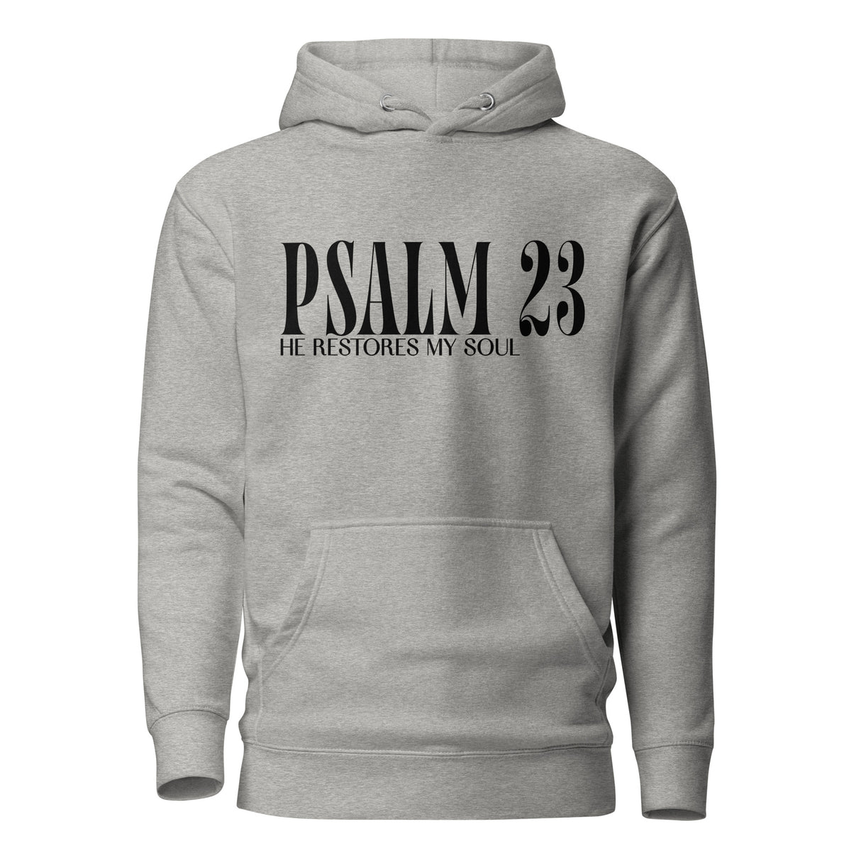 A light heather gray pullover hoodie with a black graphic print on the chest reading 'PSALM 23 HE RESTORES MY SOUL', shown against a plain white background.