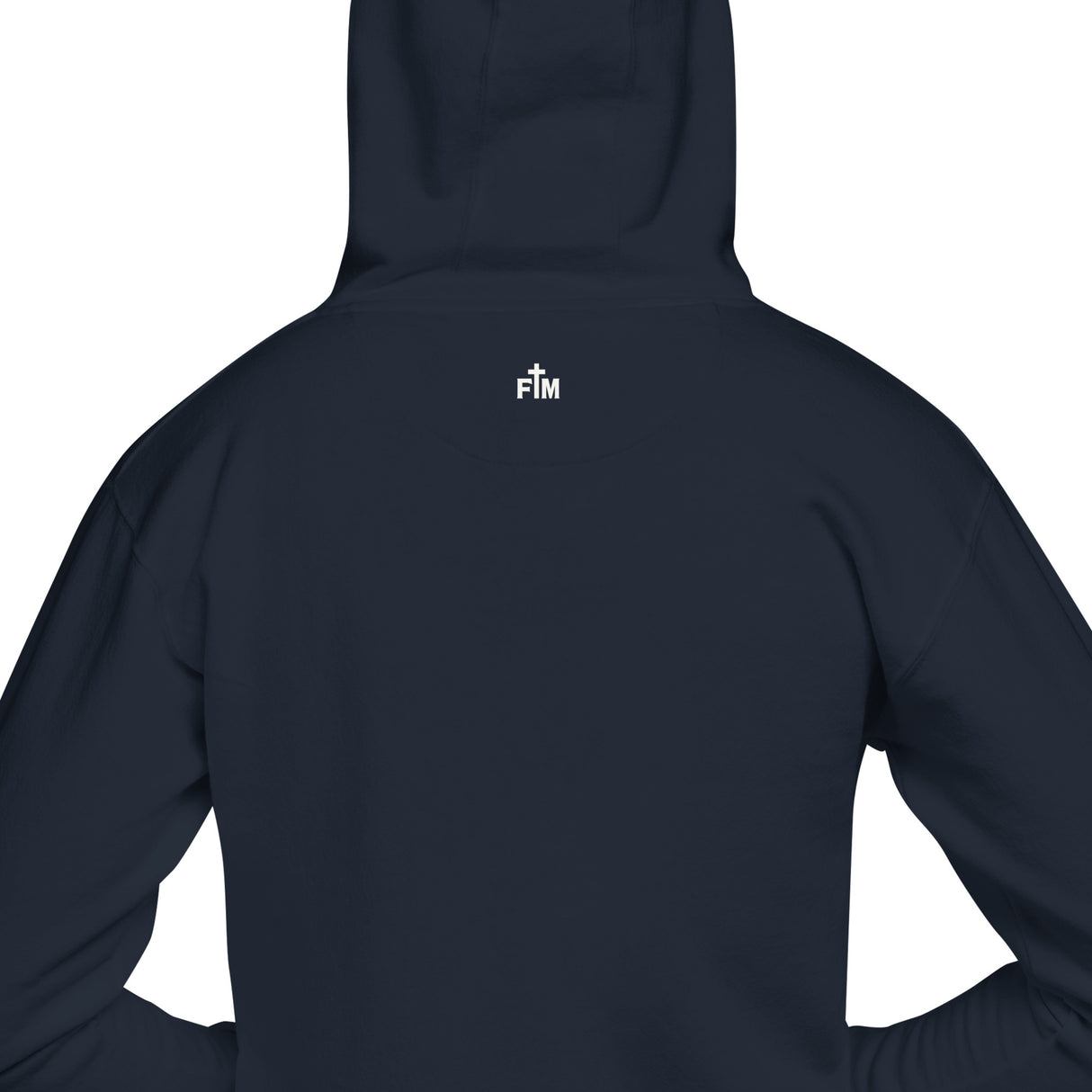 Navy hoodie with a small white Faith Mode logo on the back against a white background