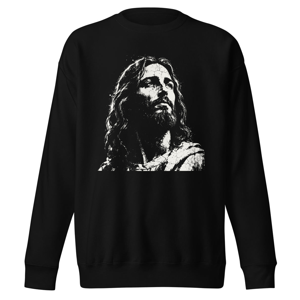 Black unisex sweatshirt featuring a large distressed cream-white artistic portrait of Jesus looking upward.