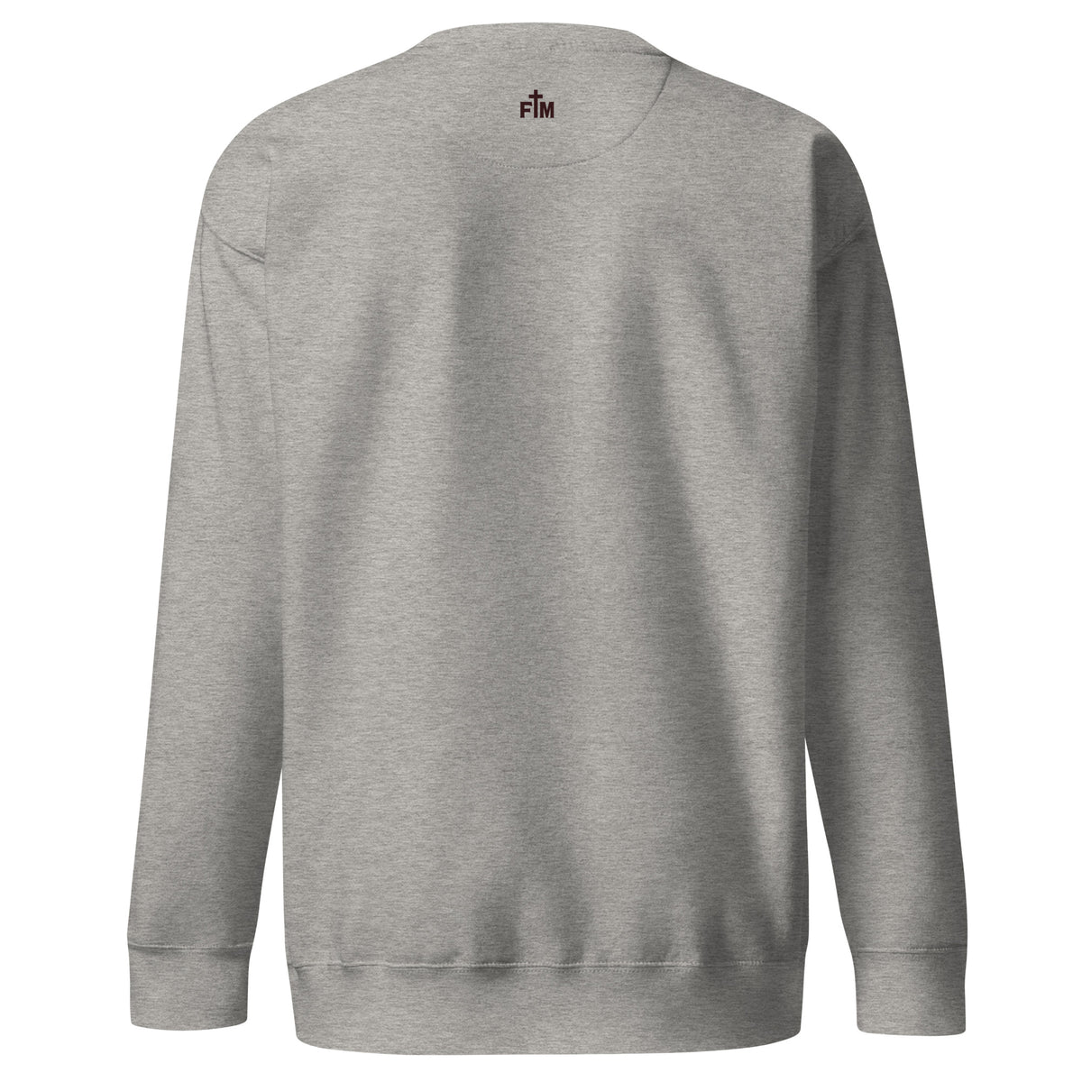 A small Maroon Faith Mode logo printed on a the upper back of a long sleeve carbon grey sweatshirt