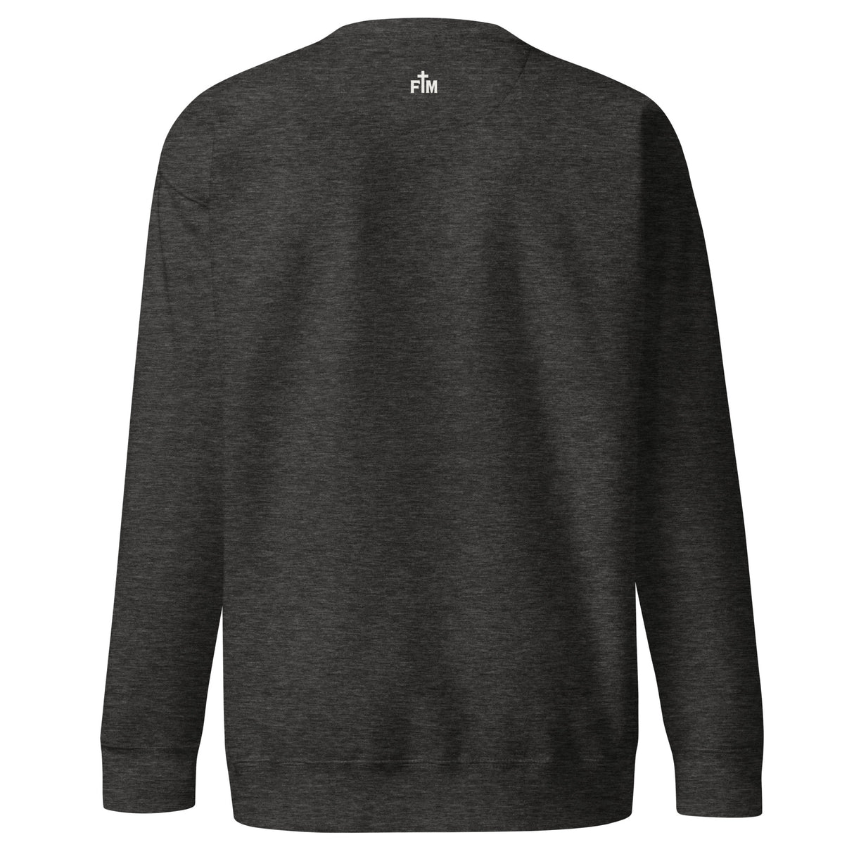 Small cream white Faith Mode logo on the back of a charcoal grey sweatshirt