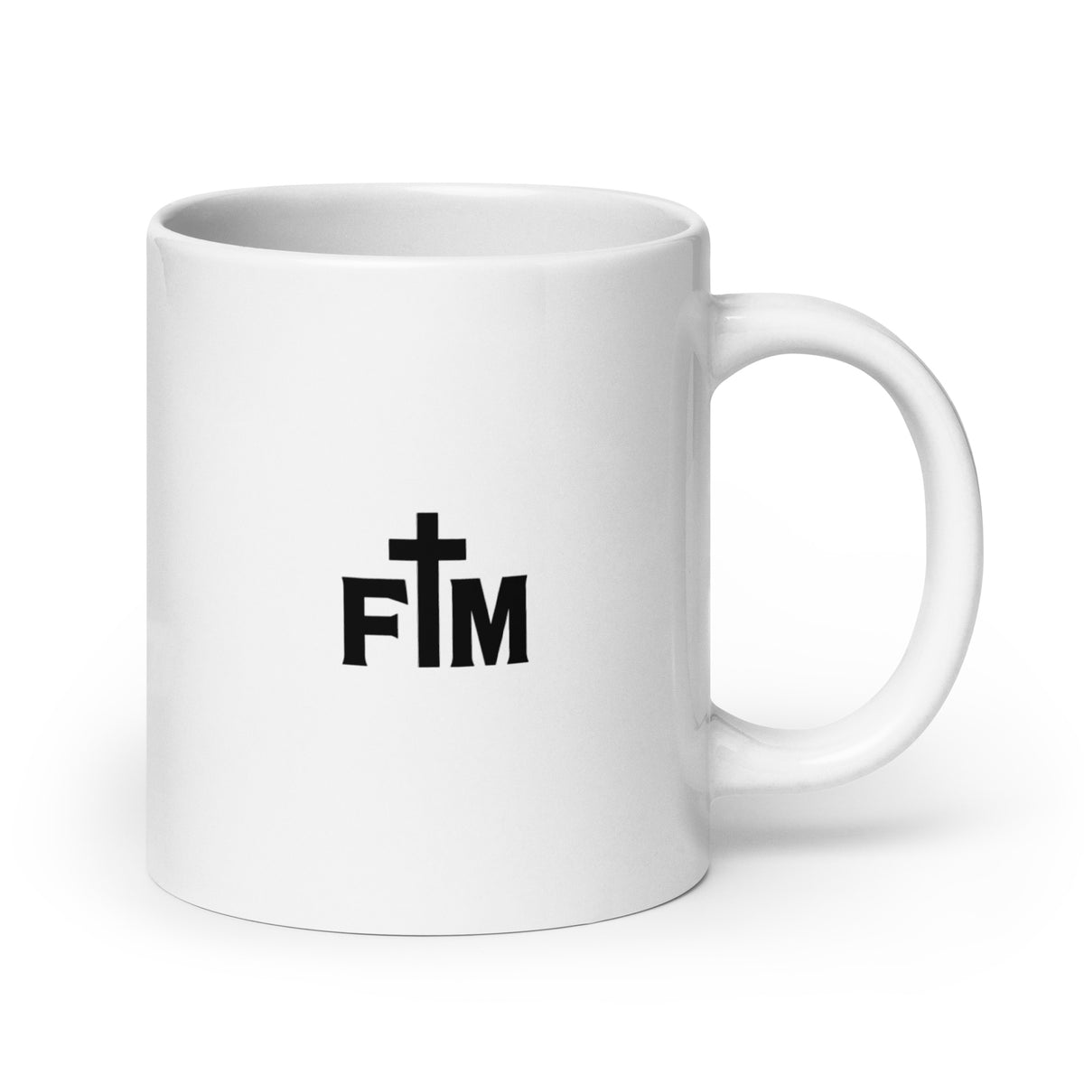 Small black Faith Mode logo on the bag of a white ceramic mug