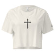 White crop top with a black cross design on a white background