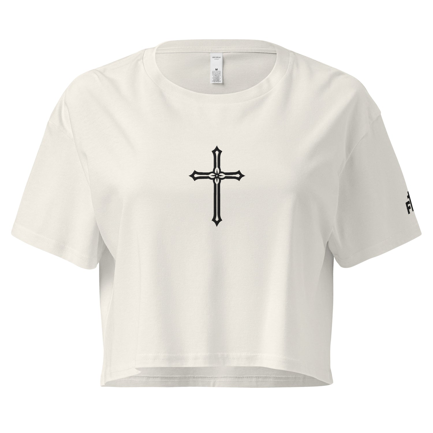 White crop top with a black cross design on a white background