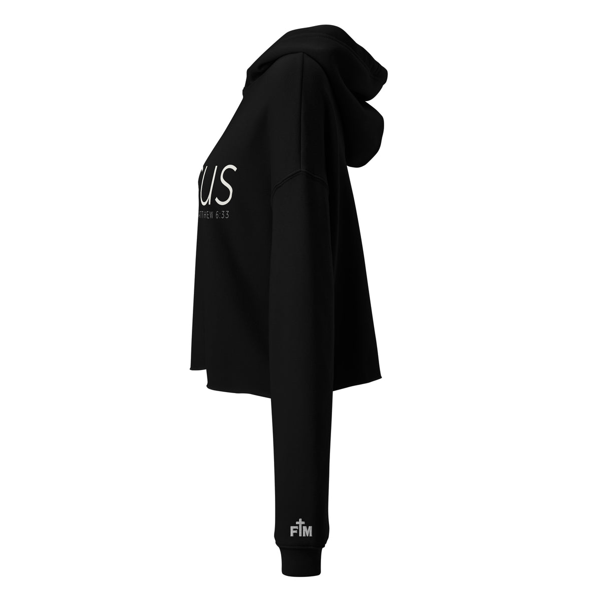 Faith Mode logo shown embroidered on left wrist of a black crop hoodie
