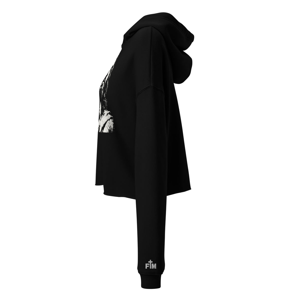 Faith Mode embroidered logo on the left sleeve of a black crop hoodie