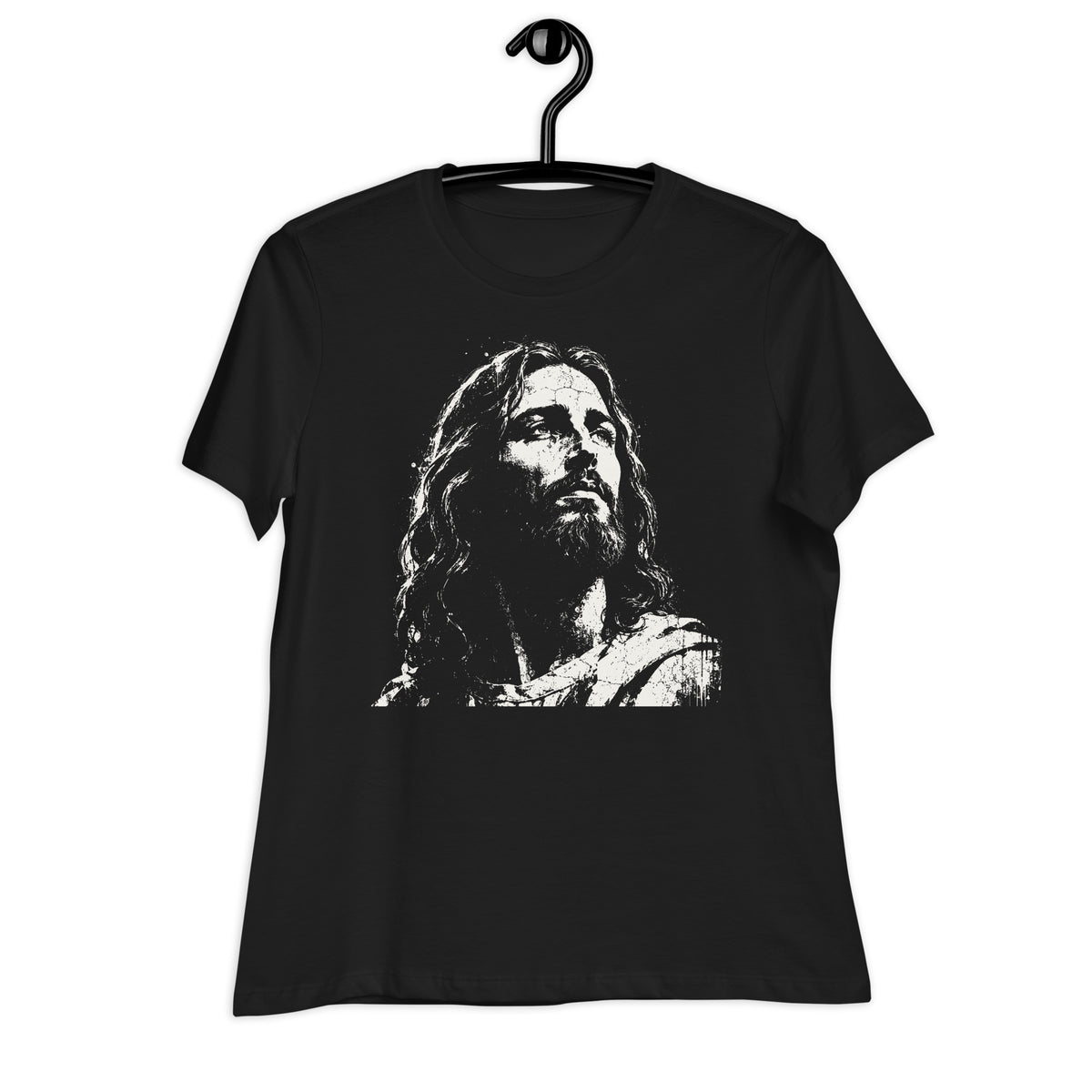 Black women’s crewneck T-shirt featuring a large distressed cream-colored portrait of Jesus looking upward, displayed on a black hanger against a white background.