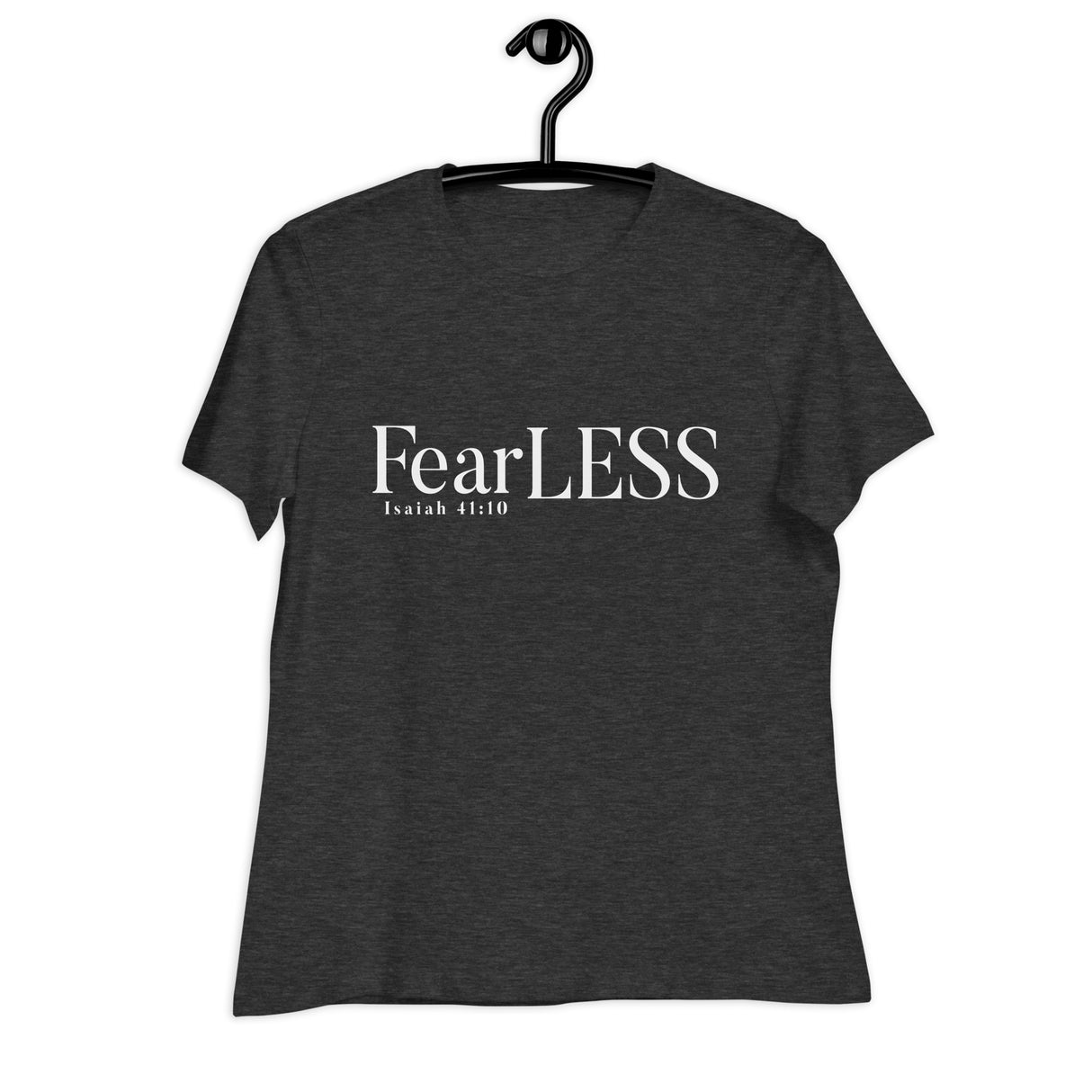 Dark gray t-shirt with 'FearLESS' text on a hanger against a white background