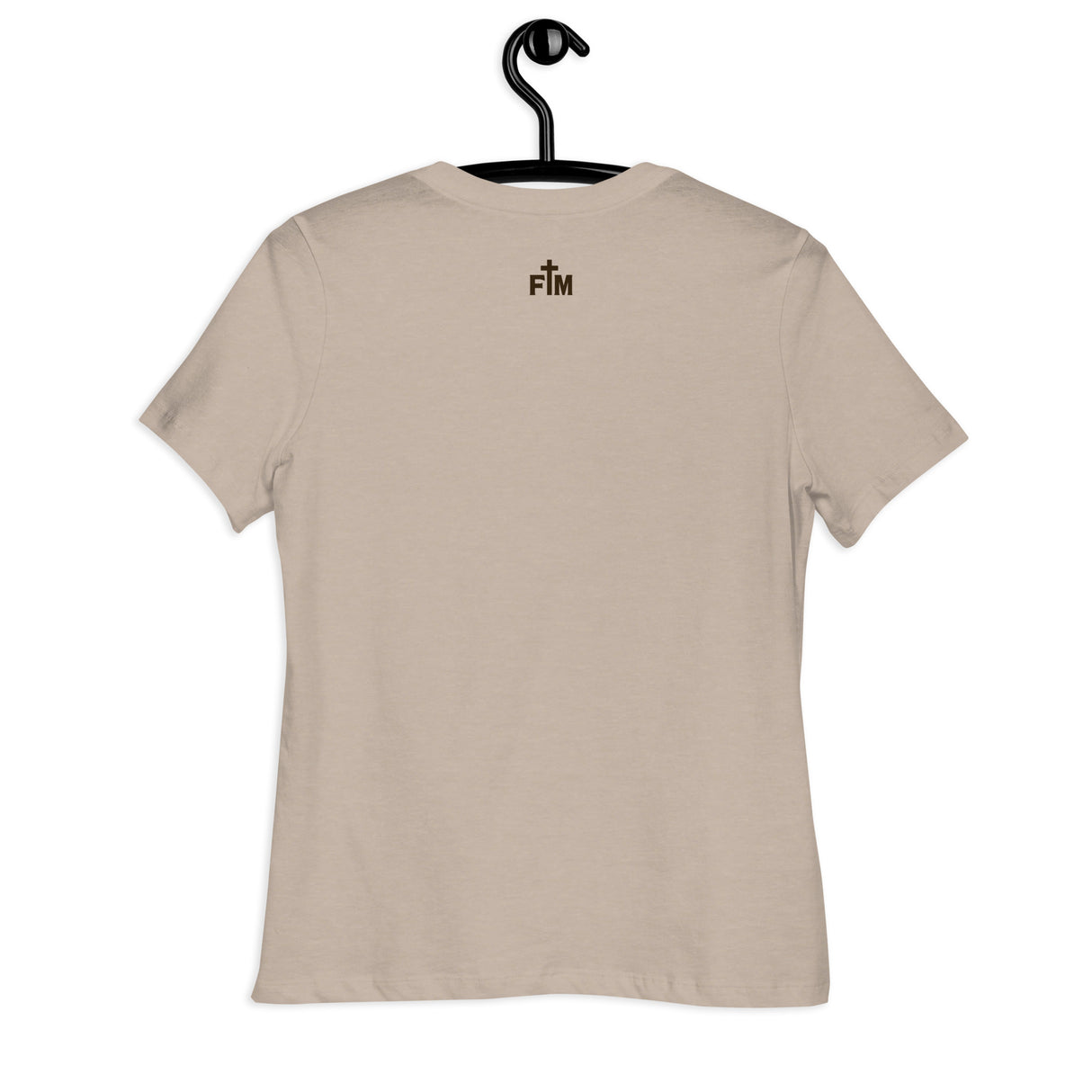 Beige t-shirt on a hanger against a white background showing FM "Faith Mode" Logo