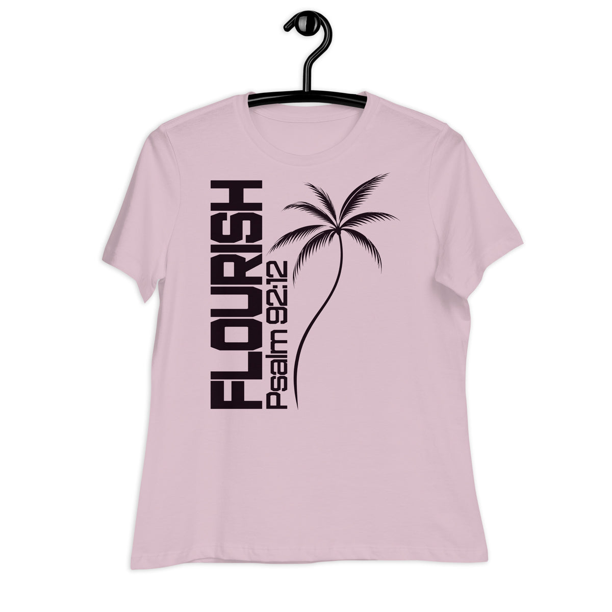 Women's light violent T-Shirt with "Flourish Psalm 92:12" and a Palm Tree decal in dark Plum ink