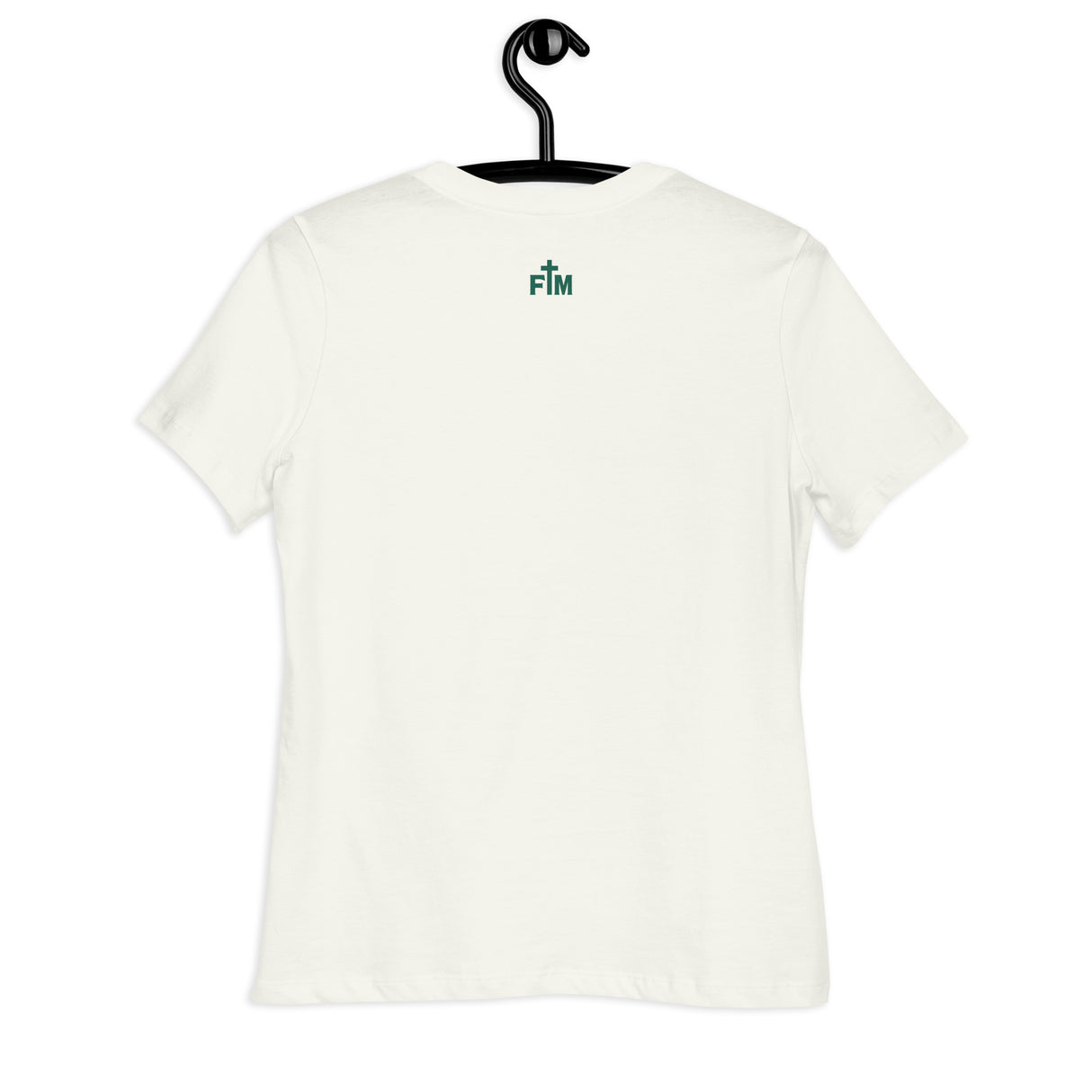 An off-white short-sleeve t-shirt hanging on a black hanger against a plain white background, featuring a small green 'FM' logo printed on the upper back.