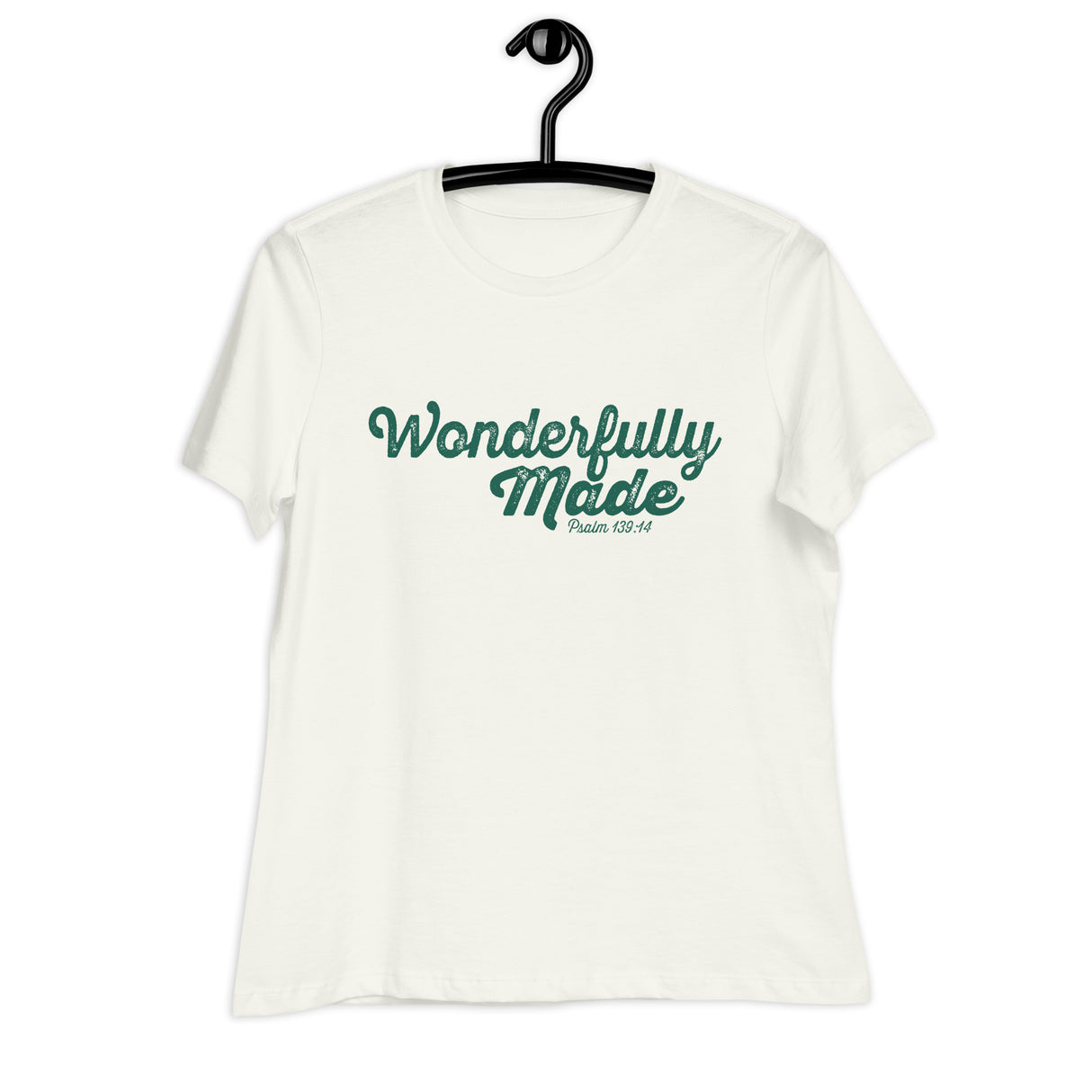 "Wonderfully Made" printed in Deep Teal ink on a vintage white, women's relaxed-fit t-shirt