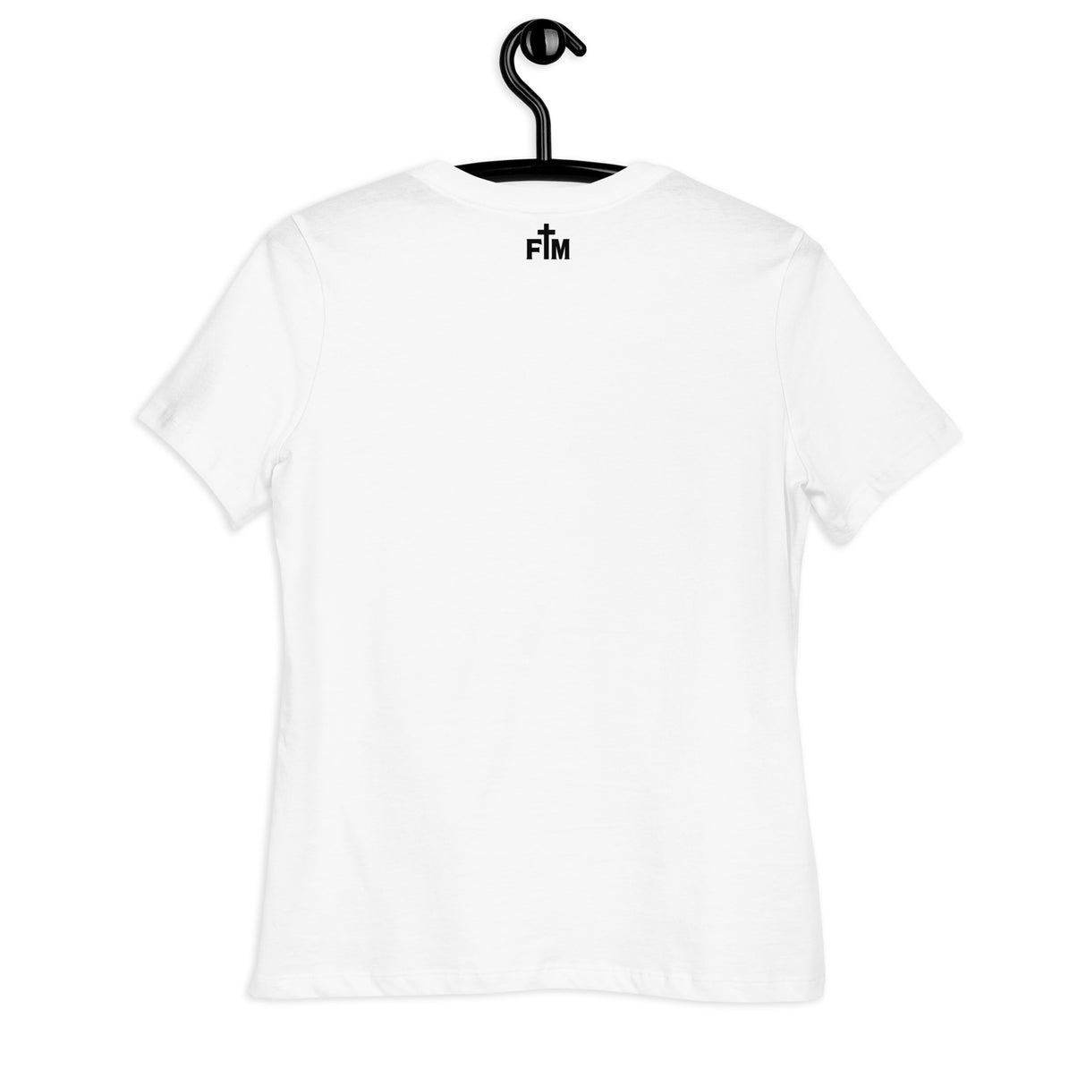 White t-shirt with 'FM' logo on a hanger against a white background