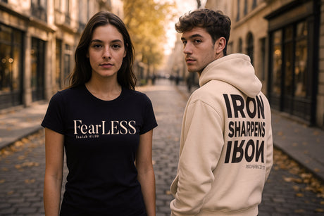 A woman wears a black Fearless Faith Mode shirt and a young man wears a cream white oversized Christian streetwear hoodie that says Iron Sharpens Iron