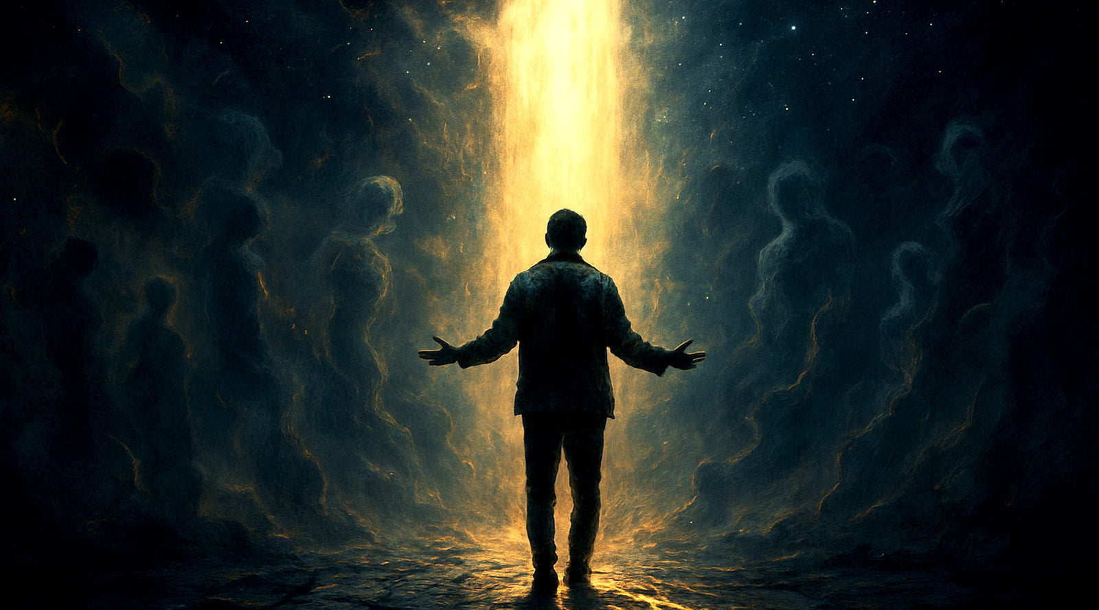 Lone figure on cracked ground, lit by golden beam through storm clouds, with ghostly shadows swirling around.