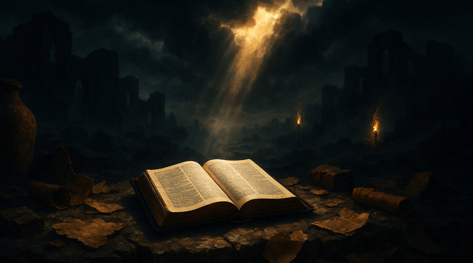 An open Bible rests on weathered stone, illuminated by a golden beam of light piercing through storm-dark clouds above. Ancient scroll fragments and cracked clay jars surround it, with distant ruins and faint torch flames glowing in the misty background.