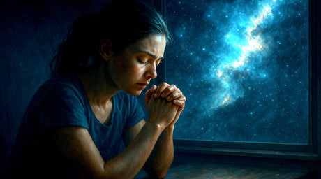 A woman kneels at a wooden desk, eyes closed and hands clasped in prayer, with a vibrant nebula and star-filled outer space visible through a window behind her.