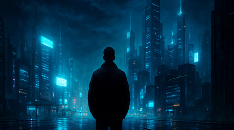 A lone figure stands on a wet street at night, facing a futuristic neon-lit cityscape with glowing skyscrapers and reflective surfaces, evoking contemplation and resilience.