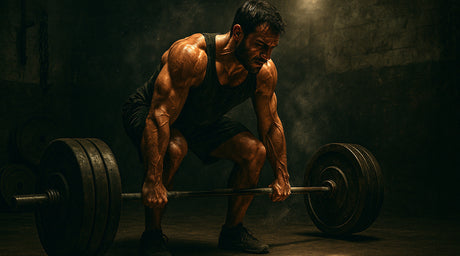 Muscular man lifting a heavy barbell in a dim, gritty underground gym, sweat and chalk dust glowing under harsh overhead light.