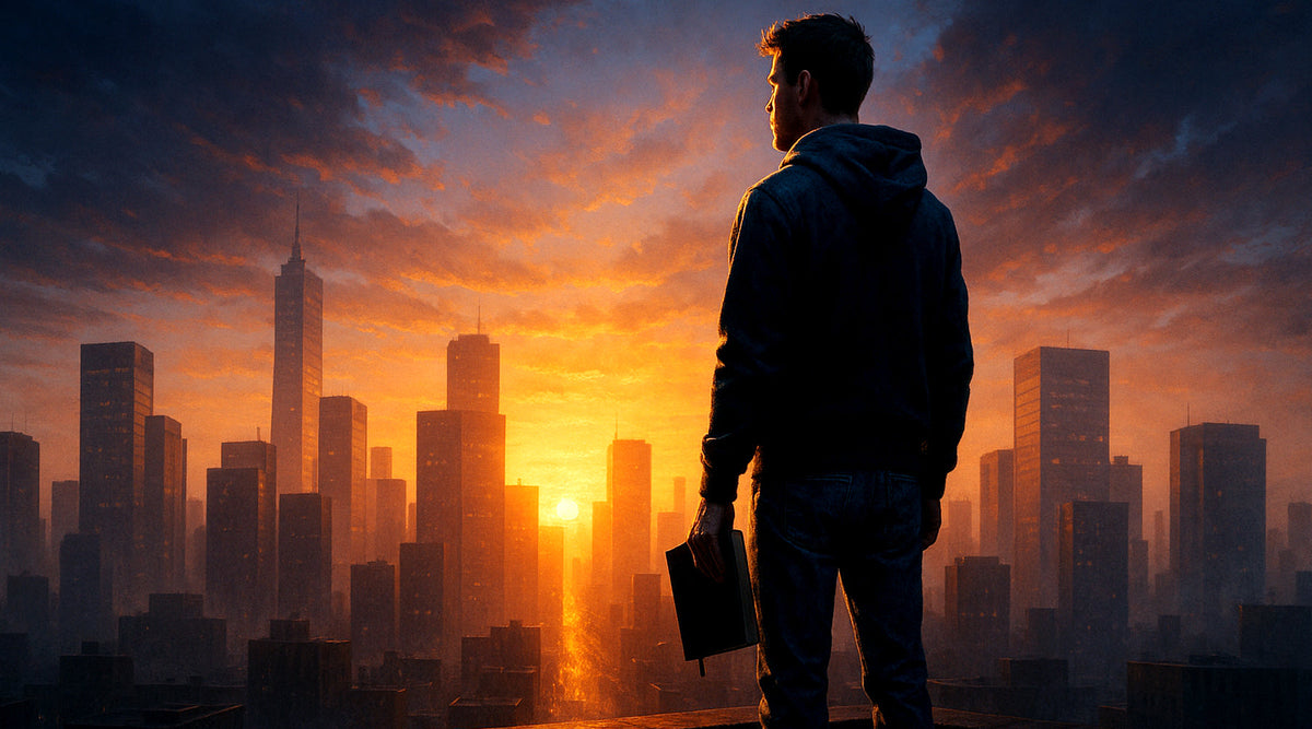 A young man stands on a rooftop at sunrise, holding a Bible, gazing over a glowing city skyline with dramatic light and shadows.