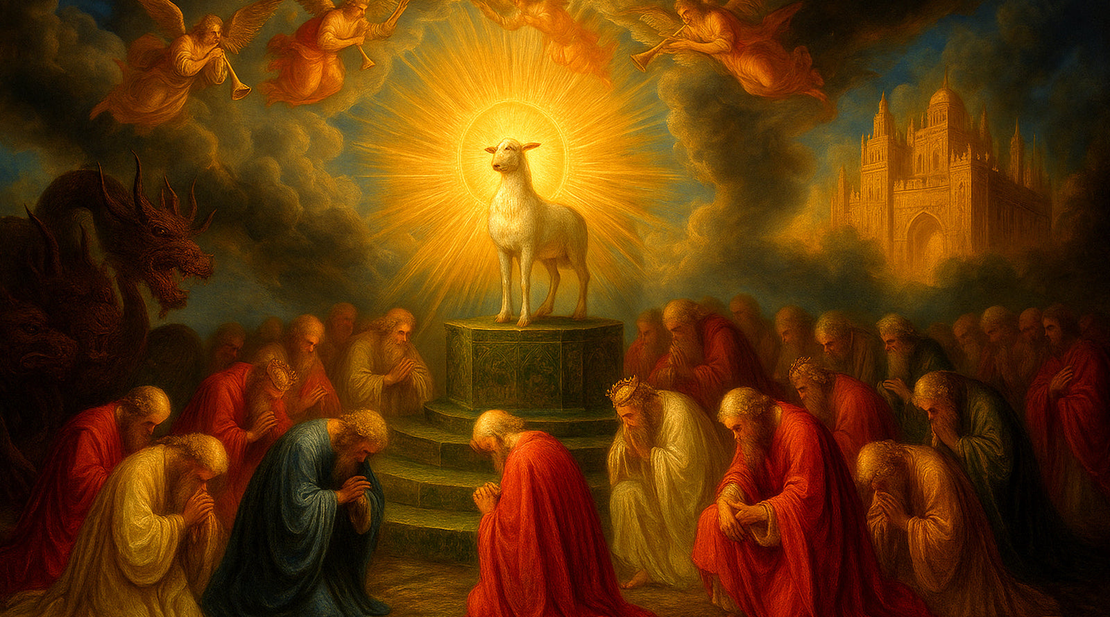 Renaissance-style painting of the Lamb on a radiant throne, surrounded by elders, angels, the beast in shadows, and the New Jerusalem glowing in light.