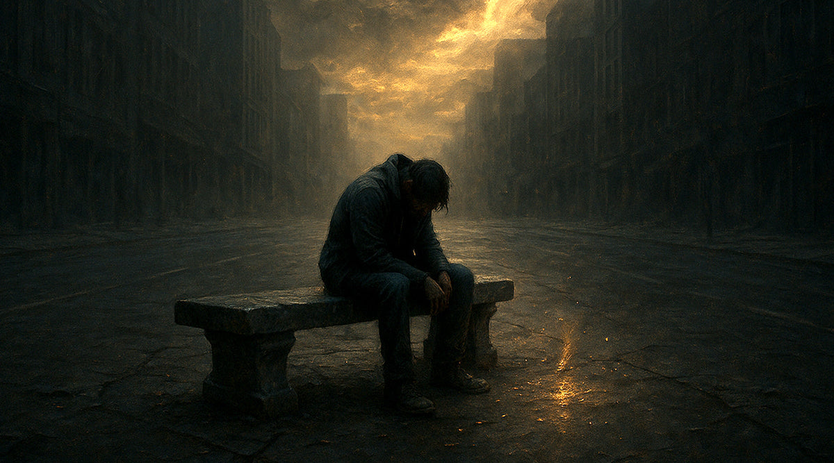 A lone figure slumps on a cracked stone bench in a dark, desolate city street at dusk, with golden light breaking through stormy clouds above.