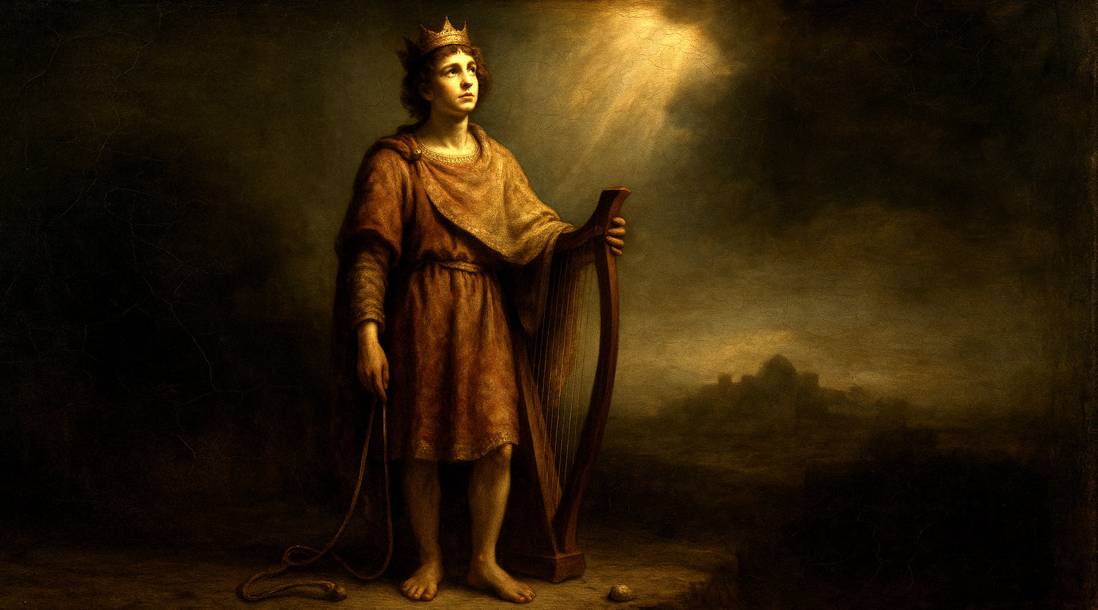 A Renaissance-style oil painting of a young King David standing barefoot on worn stone, wearing a frayed crimson and gold robe with a tilted crown.