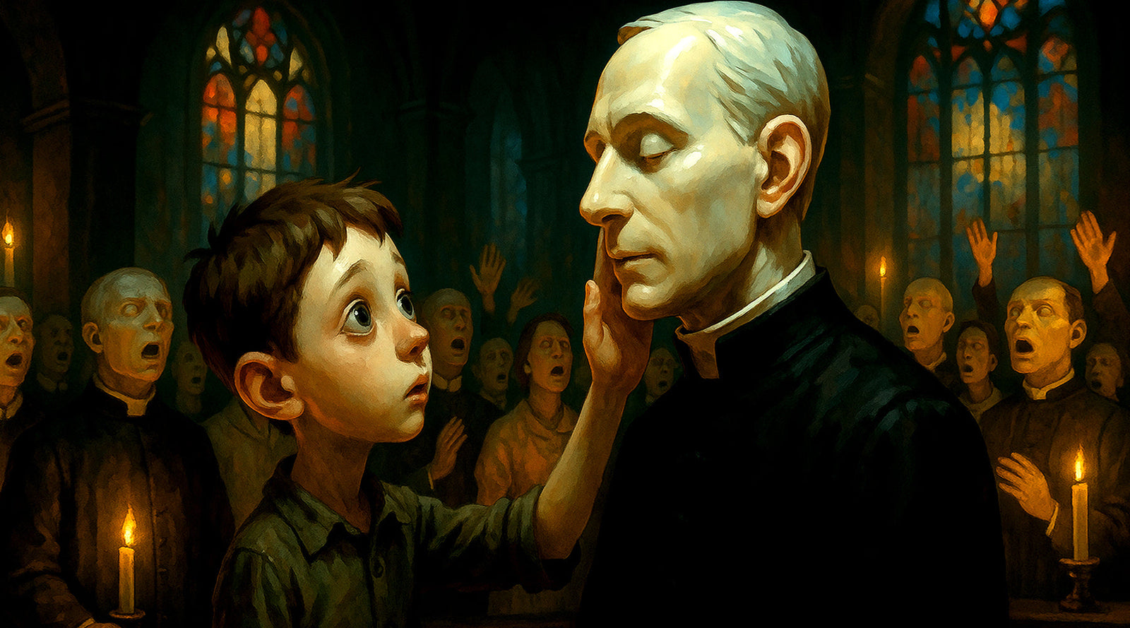 Boy in a church full of wax figures, touching lifeless priest’s face, surreal cinematic digital art.