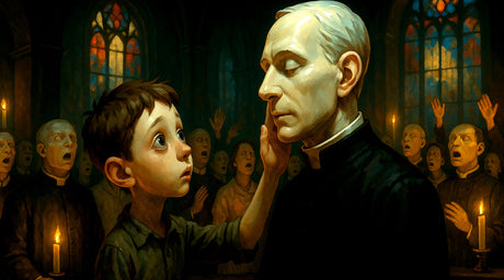 Boy in a church full of wax figures, touching lifeless priest’s face, surreal cinematic digital art.
