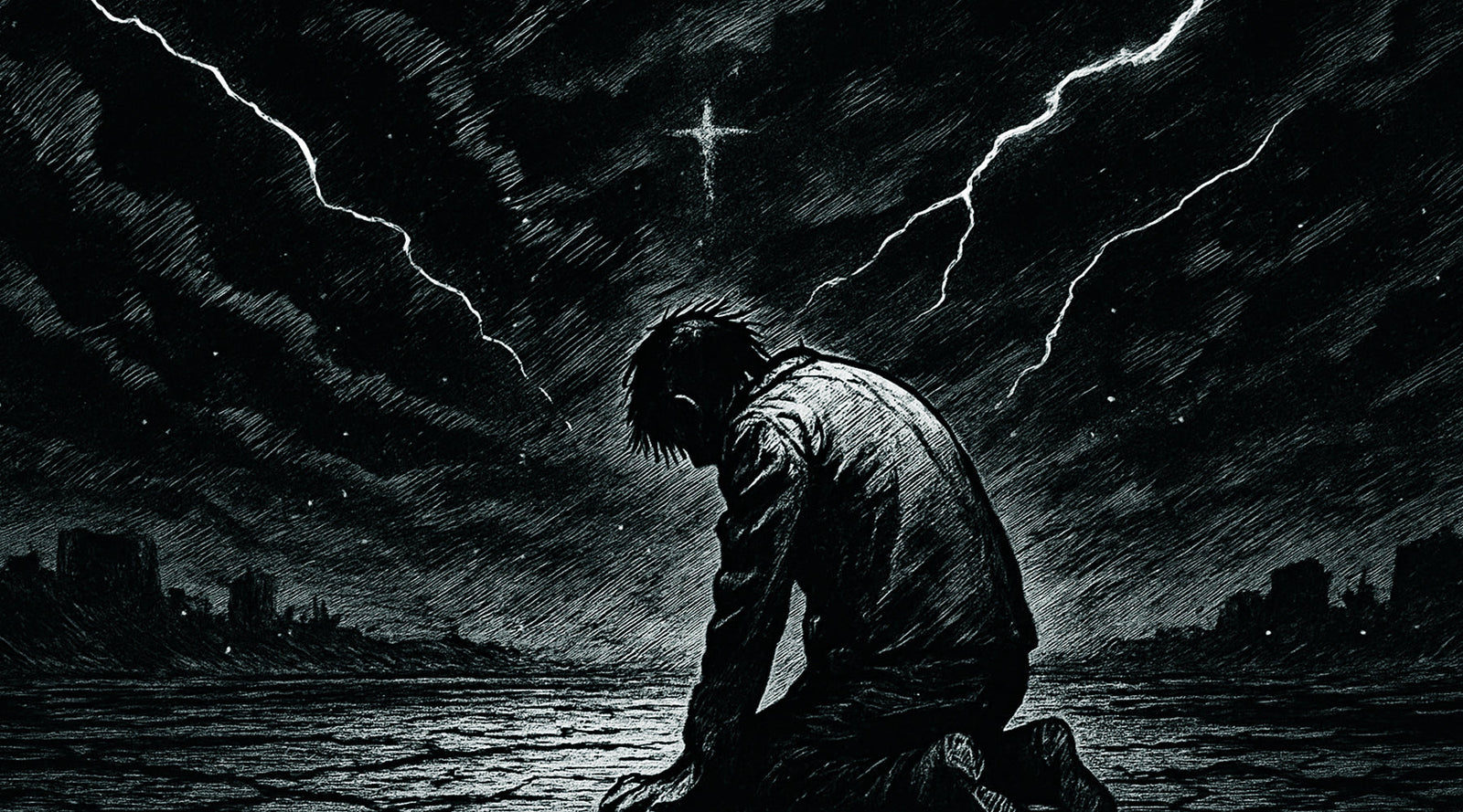 Manga-style black-and-white art of a man kneeling on cracked ground beneath storm clouds and lightning.