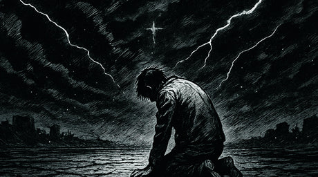 Manga-style black-and-white art of a man kneeling on cracked ground beneath storm clouds and lightning.