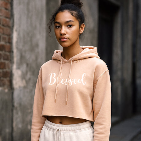 Woman wearing Faith Mode's Women's Premium Blessed Cropped Hoodie