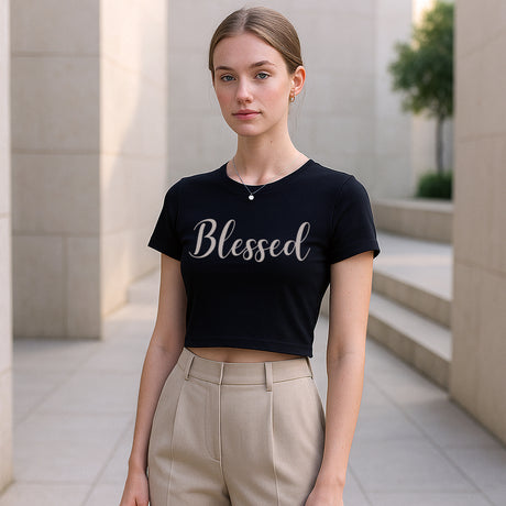 Woman wearing Faith Mode's Blessed Crop Top