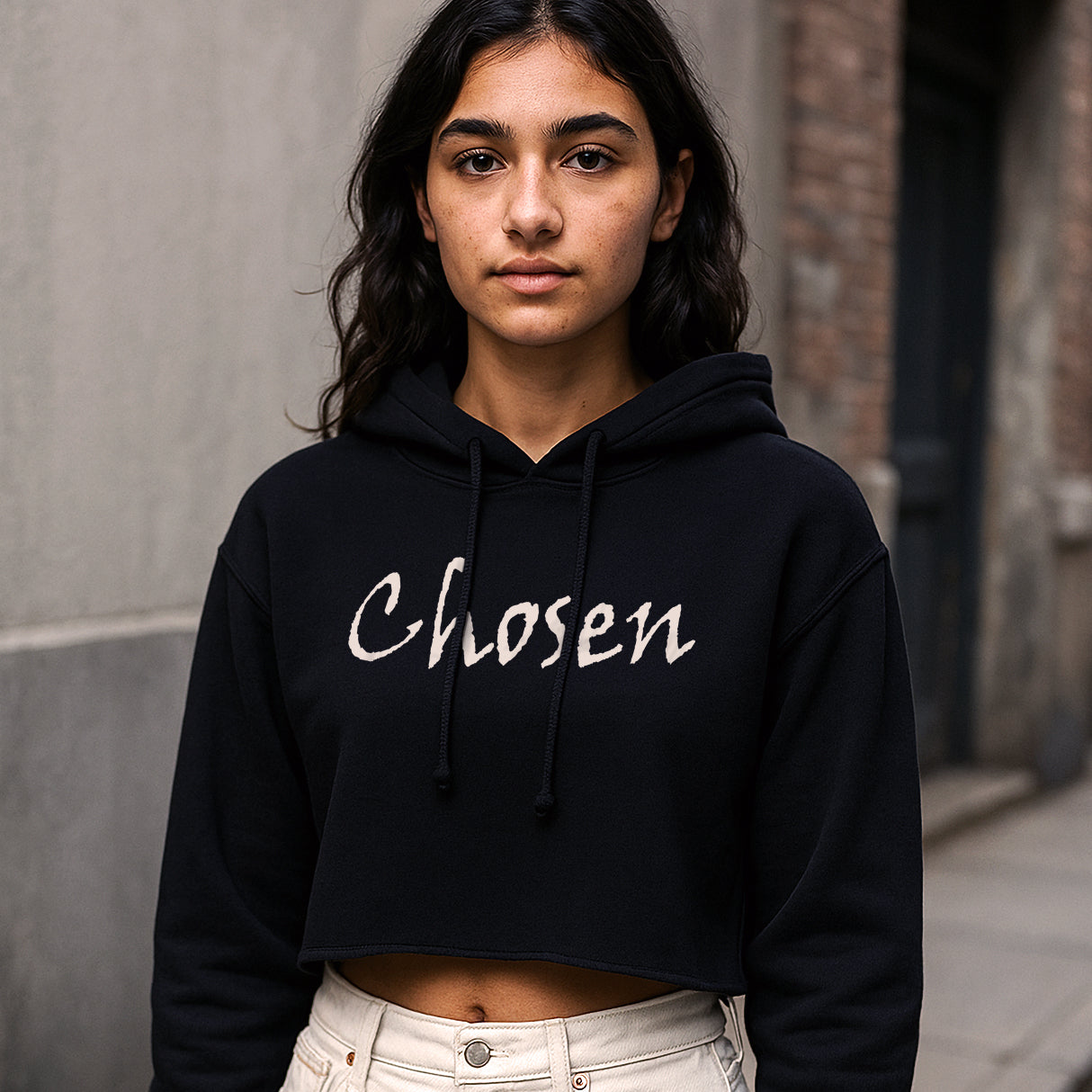 Woman wearing Faith Mode's Women's Premium Chosen Cropped Hoodie
