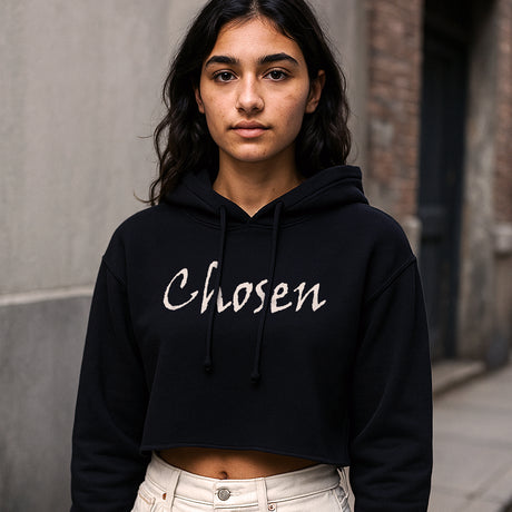 Woman wearing Faith Mode's Women's Premium Chosen Cropped Hoodie