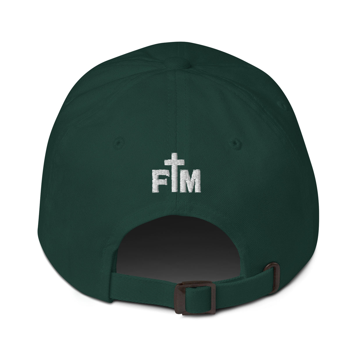 Small White FM logo embroidered on the back of a dark green hat