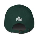 Small White FM logo embroidered on the back of a dark green hat
