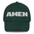 A dark green baseball cap with the word 'AMEN' embroidered in bold white block letters across the front, shown against a plain white background.