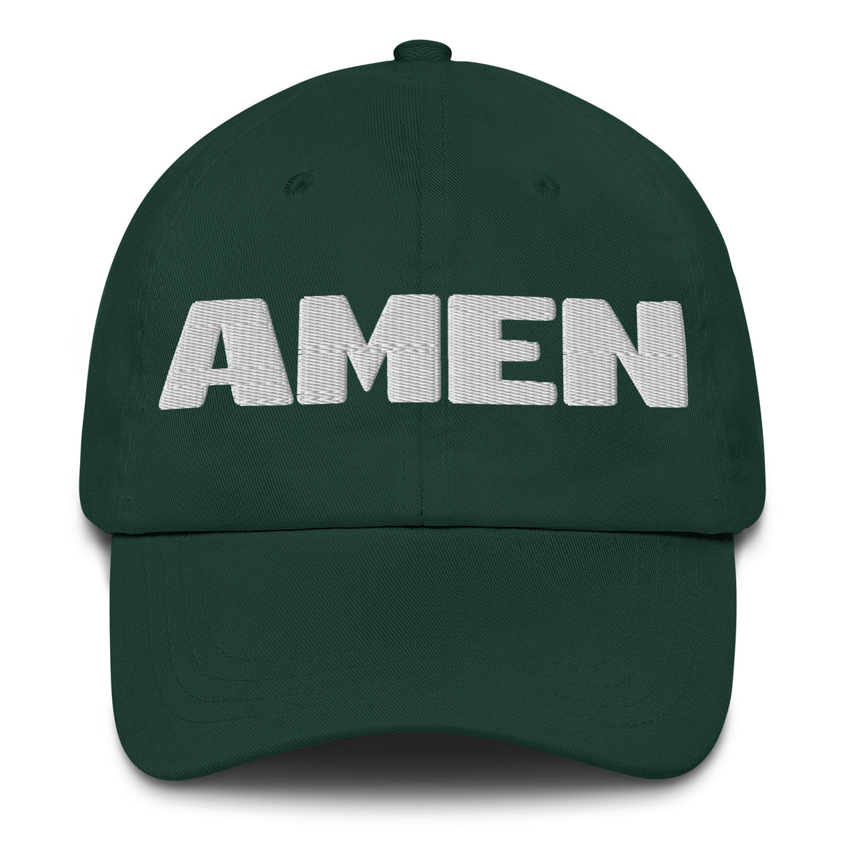 A dark green baseball cap with the word 'AMEN' embroidered in bold white block letters across the front, shown against a plain white background.