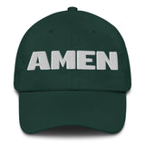 A dark green baseball cap with the word 'AMEN' embroidered in bold white block letters across the front, shown against a plain white background.