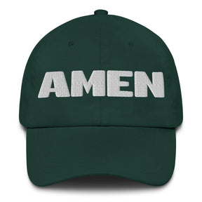 A dark green baseball cap with the word 'AMEN' embroidered in bold white block letters across the front, shown against a plain white background.
