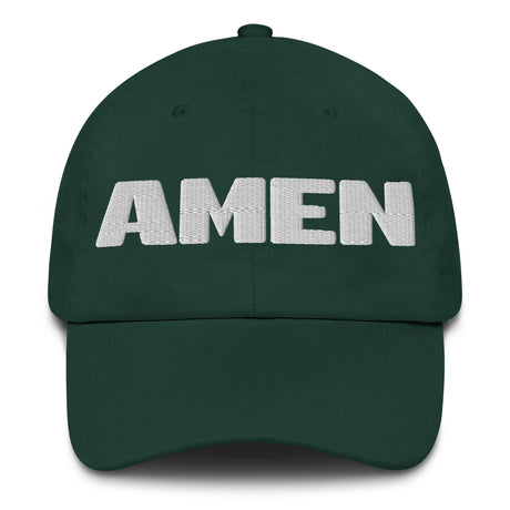 A dark green baseball cap with the word 'AMEN' embroidered in bold white block letters across the front, shown against a plain white background.